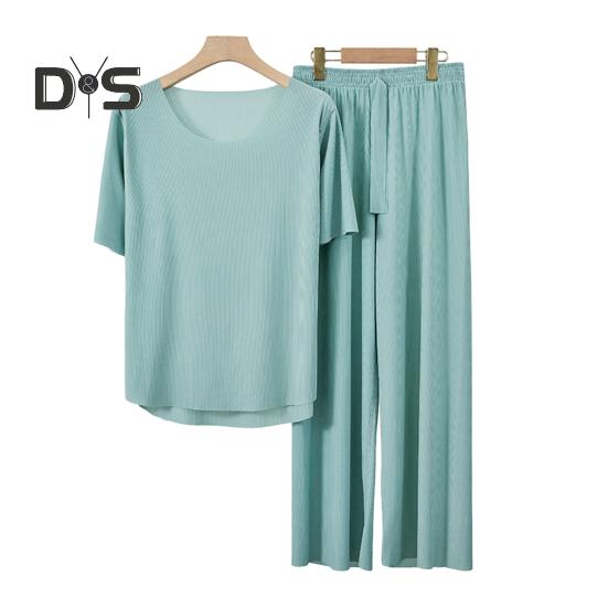 Комплект из 2 предметов: летняя пижама, футболка с коротким рукавом и круглым вырезом, эластичный пояс, длинные брюки, однотонная пижама из ледяного шелка
