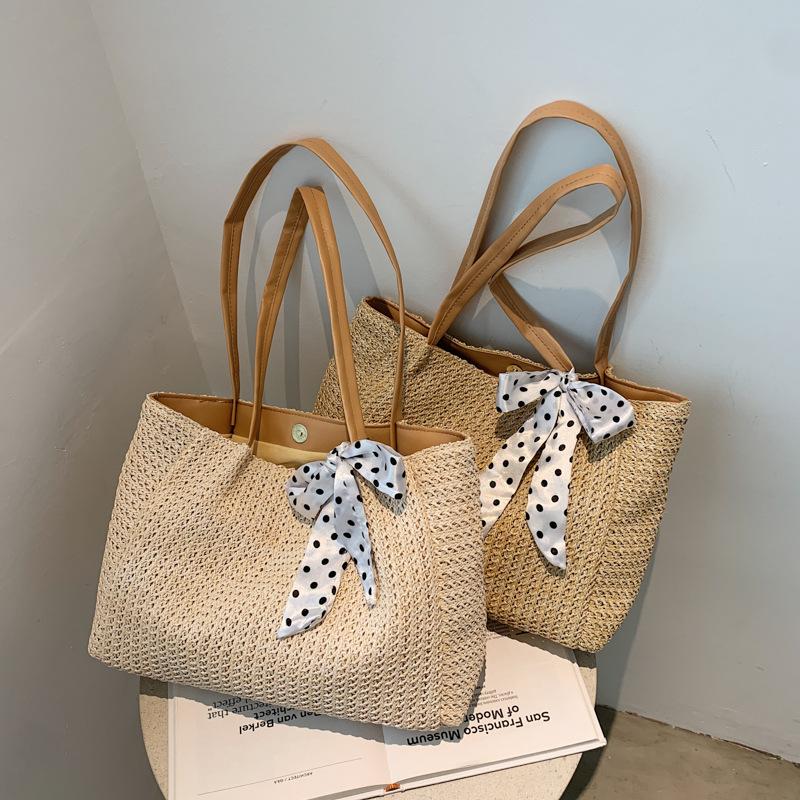 Summer Scarf Bowknot Straw Bag For Women Travel Beach Bags Large Capacity Shopping Tote Casual Rattan Handmade Shoulder Bag Sac