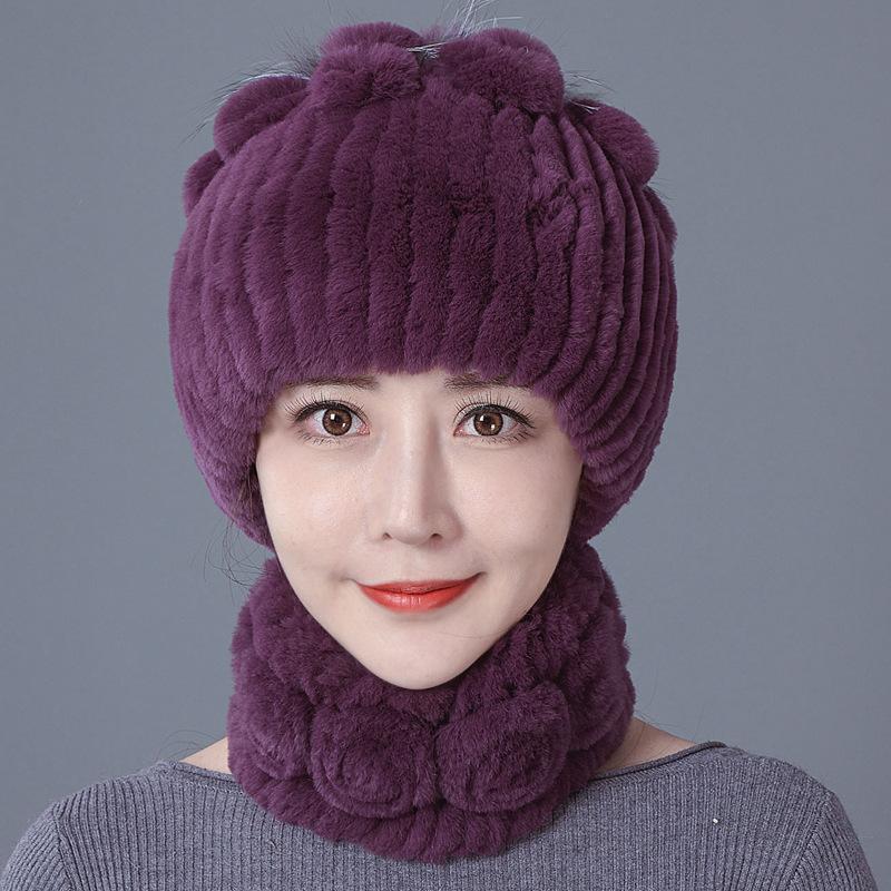 Шапка из меха кролика, женская зимняя мода, универсальная, теплая, зимняя защита для ушей, шарф из меха кролика Рекс, комплект из двух предметов, меховой костюм из меха