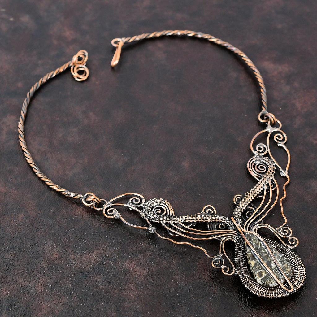 Ожерелье из агата Turritella, ожерелье из медной проволоки, ожерелье с драгоценными камнями, регулируемое ожерелье, ювелирные изделия ручной работы, ожерелье из медной проволоки, подарок для мамы