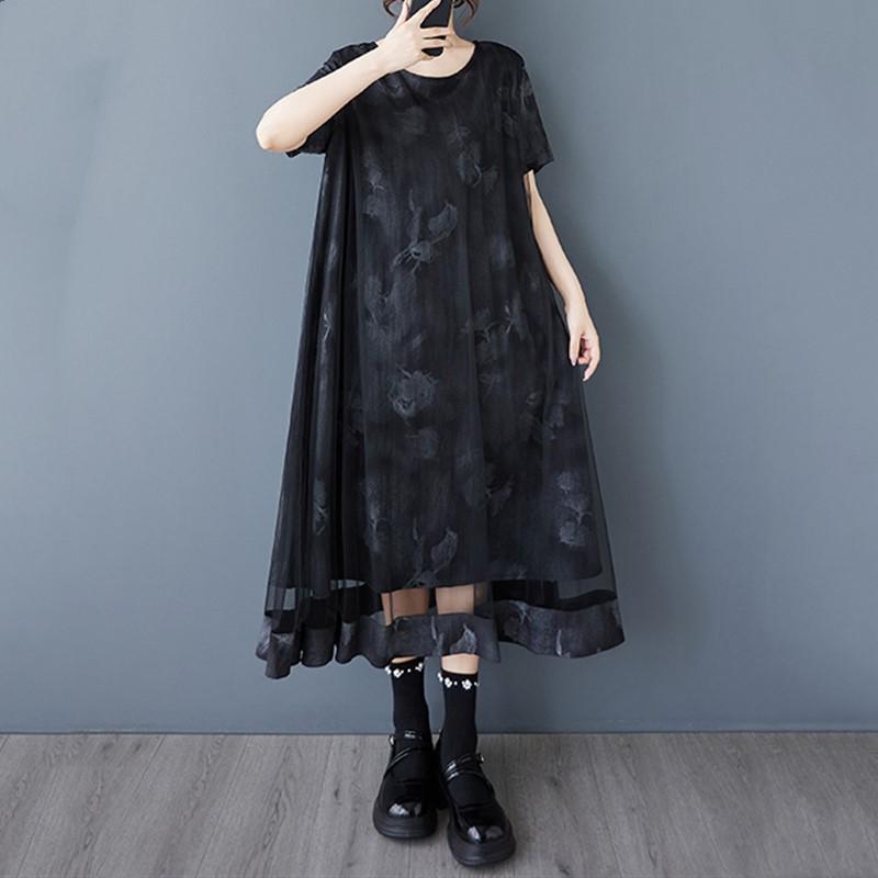 Короткий рукав Плюс размер Черная сетка винтажные новые платья для женщин повседневное свободное длинное летнее платье