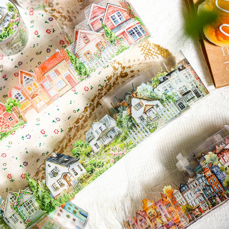45mm*2m PET Tapes Dream Town House DIY Scrapbooking Decor Photo Album Collage Junk Journal Materials Aesthetics Stickers
