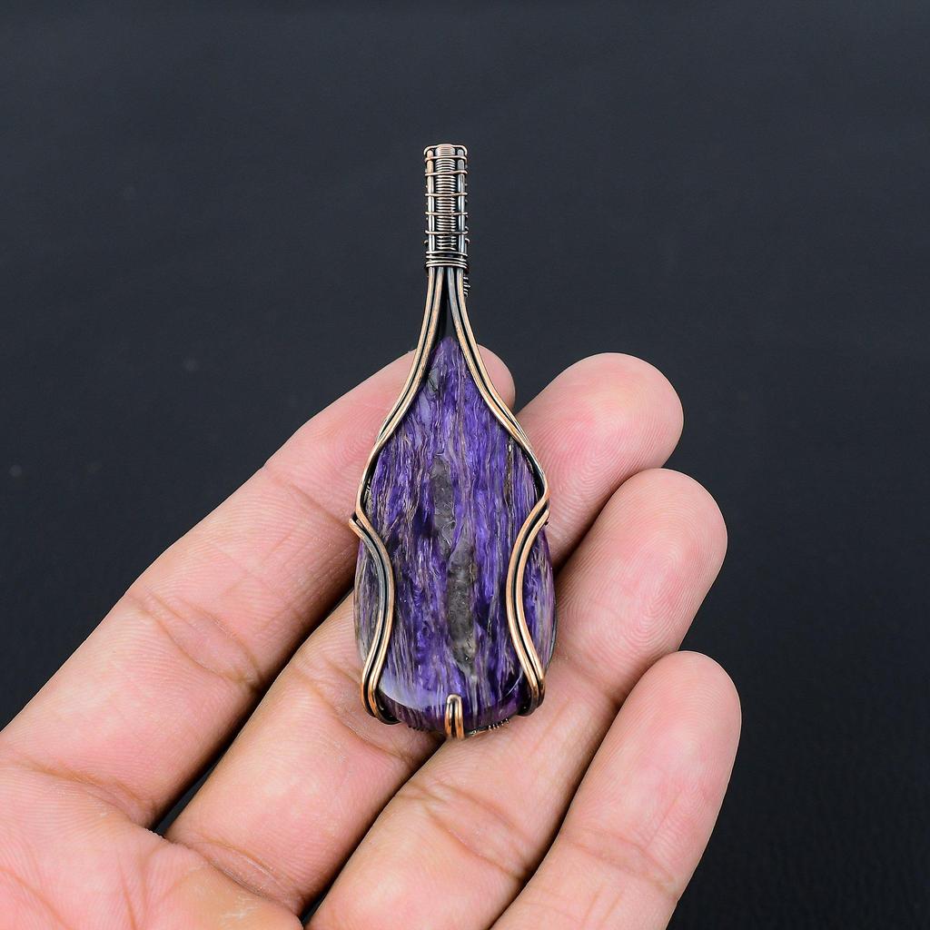 Фиолетовый чароит, драгоценный камень, чистая медная проволока, обернутая подвеской ручной работы, ювелирный подарок для нее
