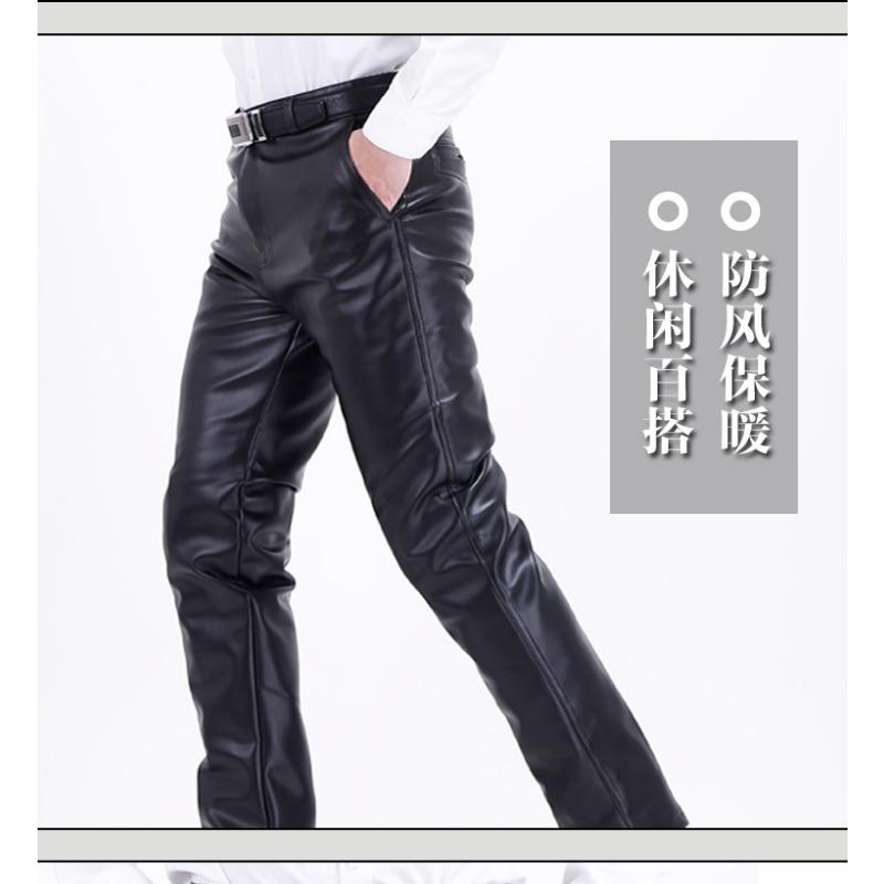 Men S Fleece Lined Thickened Pu Leather Straight Leg Casual Warm Windproof Long Pants