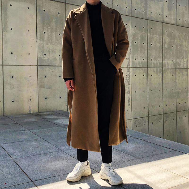 Men's Trendy Long Black Wool Blend Winter Trench Coat Overcoat with Gothic Windbreaker Design