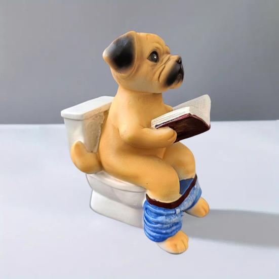 Pug Sitting On Toilet Figurine Reading Book Dog Resin Statue Puppy Animal Sculpture