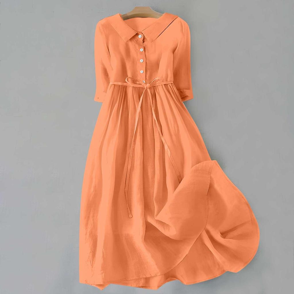 2024 Summer Trendy Lapel Dress: Cotton & Linen, Five-Point Sleeve, Long Skirt
