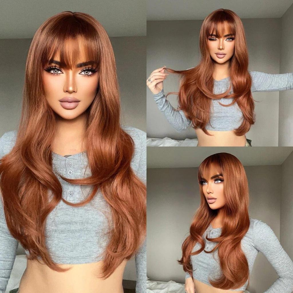 LOUIS FERRE Черные волнистые синтетические парики для женщин, натуральные длинные волосы с челкой, парик из термостойкого волокна для ежедневного использования