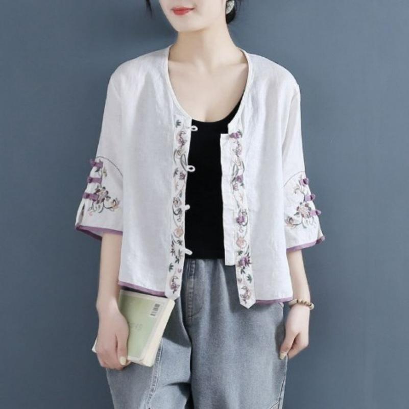 Retro Embroidered Disc Button Linen Cotton Shirt Women's Summer Chinese Zen Tea Dress Loose Short V-neck Top