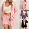 2 Pcs/set Fall Winter Women Coat Shorts Set Thick Plush Homewear Clothes Hooded Long Sleeves Open Stitch Warm Jacket Drawstring Elastic Waist