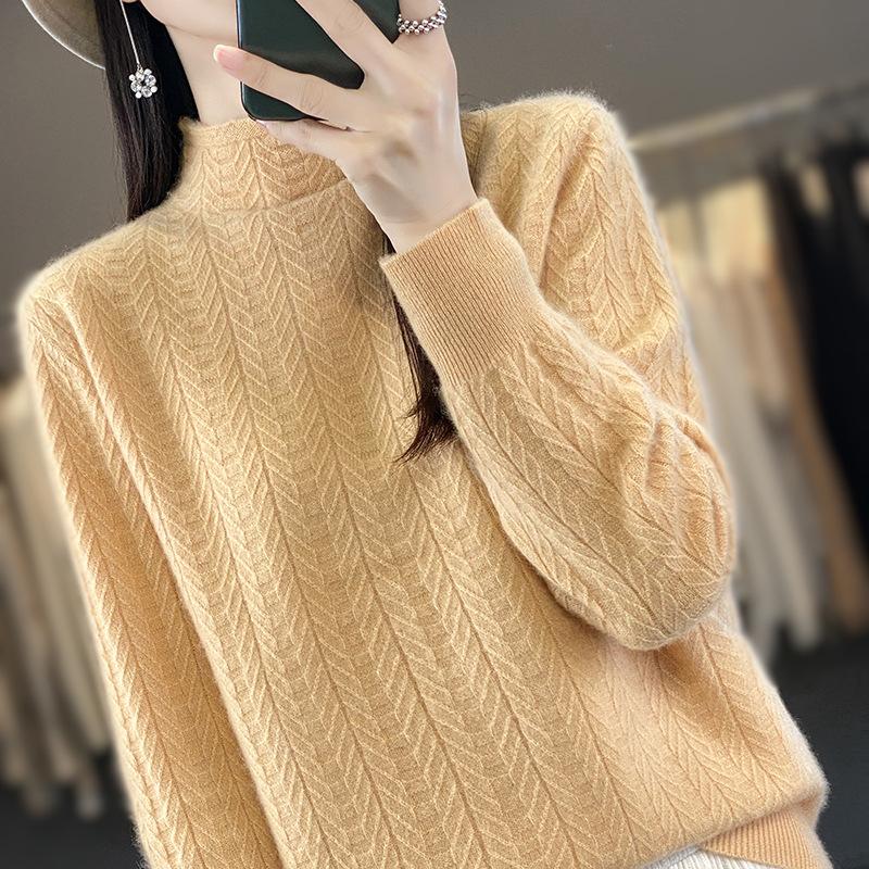 Женский пуловер из 100% шерсти с жаккардовым узором, полувысоким воротником, однотонный, с длинными рукавами, вязаный, свободный, повседневный, для работы, новый, осенне-зимний