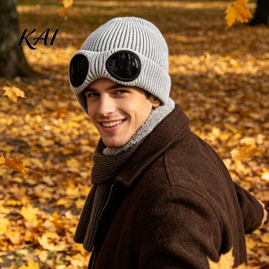 Thermal Windproof Hat Knitted with Goggles, Unisex Winter Hat, Fleece Lined, Cold Protection Knit Cap Warm Skull for Outdoor Cycling Skiing
