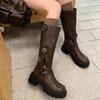Женские сапоги из натуральной кожи до колена, панк-сапоги с пряжкой на ремне, рыцарские сапоги для верховой езды, женские коричневые туфли на платформе с круглым носком и молнией