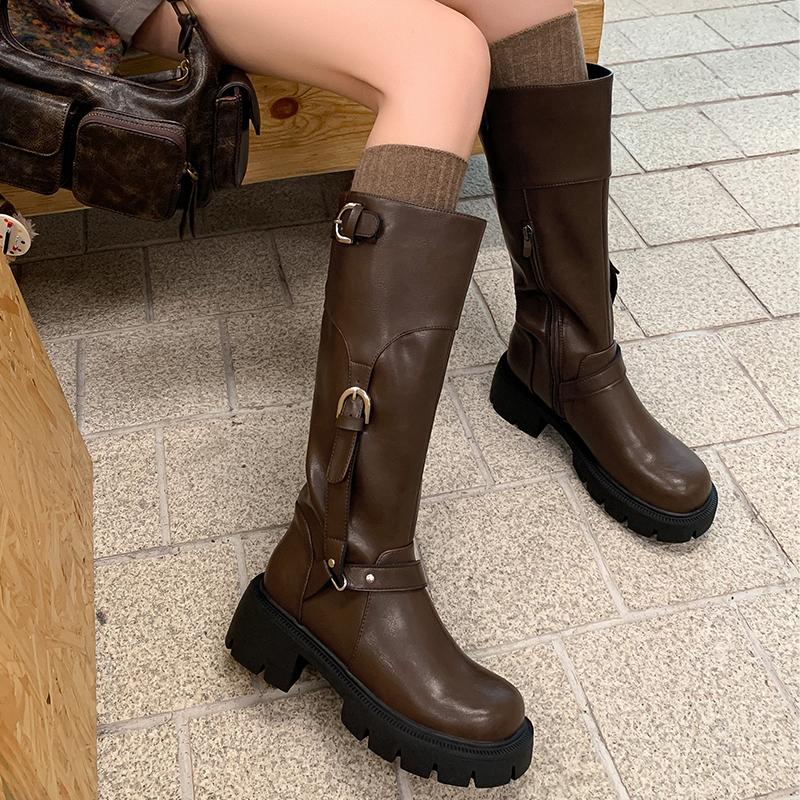 Женские сапоги из натуральной кожи до колена, панк-сапоги с пряжкой на ремне, рыцарские сапоги для верховой езды, женские коричневые туфли на платформе с круглым носком и молнией