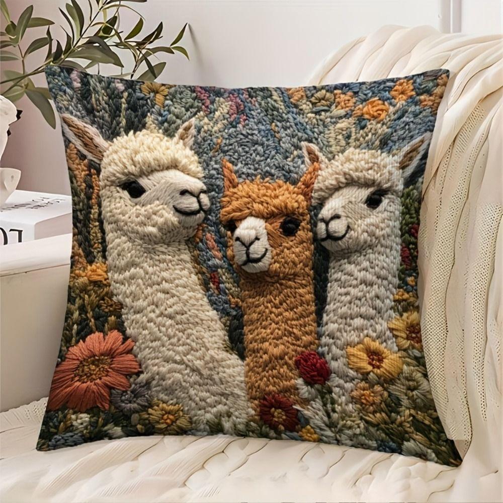 Vintage Pillow Case Alpaca Print Decorative Pillowcase Creative Cushion Cover Sofa Decoration