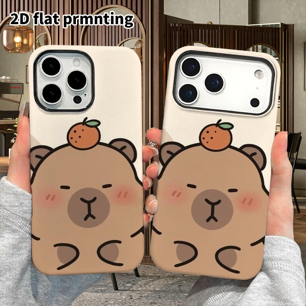 Phone Case: 2D flat suitable for iPhone 18 17 16 15 14 13 Pro film protective case, couple style, capybara with an orange on top, Christmas and Hallow