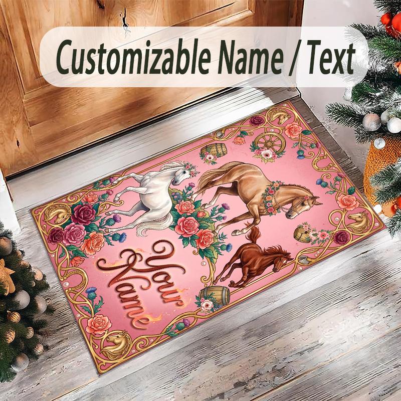 Horse Theme Crystal Velvet Floor Rug Personalized Custom Name Text Warm Carpet Home Decoration