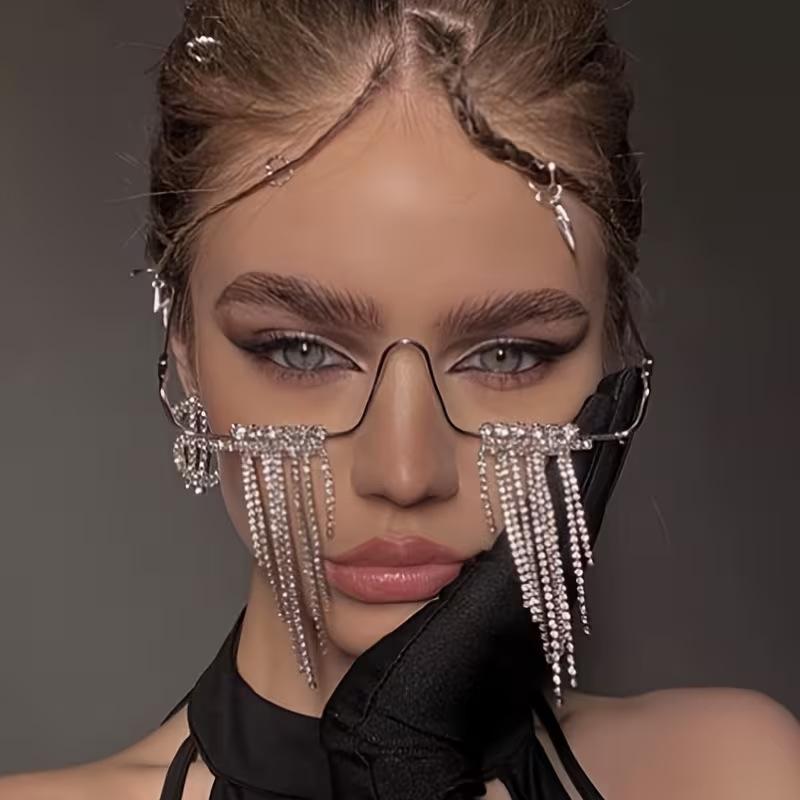 Crystal Rhinestone Half Frame Glasses No Lens Luxury Silver Diamond Eyewear Aesthetic Tassel Pendant Sexy Party Decor Jewelry