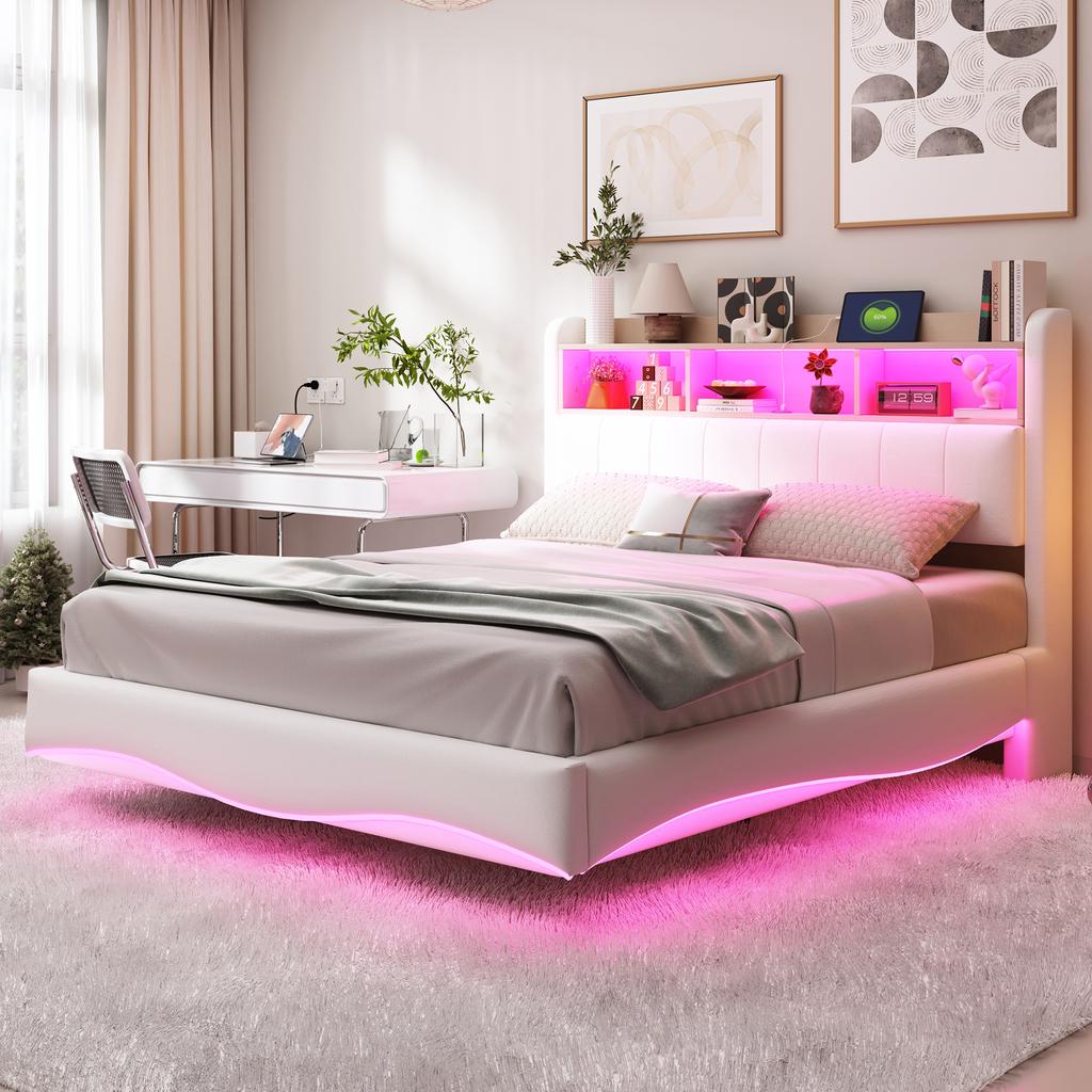 Floating design upholstered bed 140*200 made of linen fabric, multifunctional storage bed with LED light, USB and TYPE-C interface beige