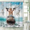 Funny Shower Curtains Cat Riding Shark Ocean Birds Sea Waves Cool Fun Bath Curtain Polyester Fabric Kids Bathroom Decor Sets
