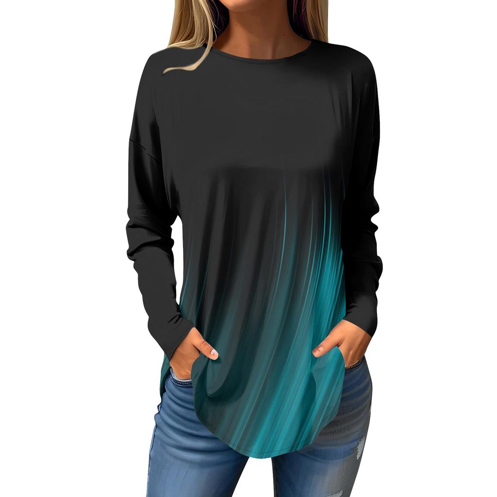 Женская свободная футболка с длинным рукавом с круглым вырезом и принтом, верхний пуловер