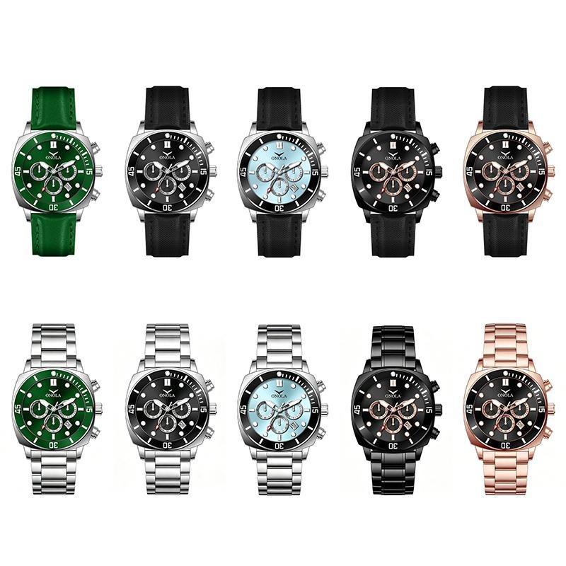 Mens Waterproof Quartz Chronograph Watch Luminous Hands Calendar Watch Stainless Steel/Leather Strap