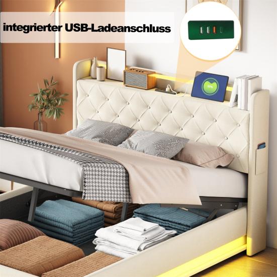 Adult Bed LED Upholstered 140x200cm with USB Charging Connection Double And Hydraulic Storage Skin-Friendly Linen Fabric Gray Children