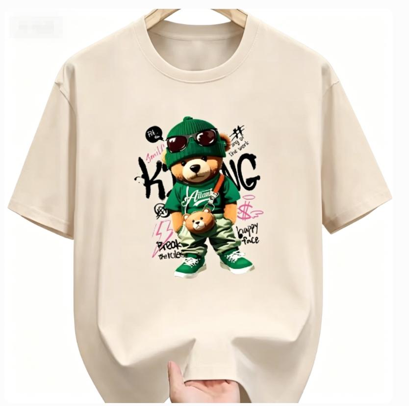 Unisexs Summer Cotton Fashionable Casual Loose Large Geometric Bear Pattern Printed Sports Round Neck Short Sleeve Tshirt Top Dry