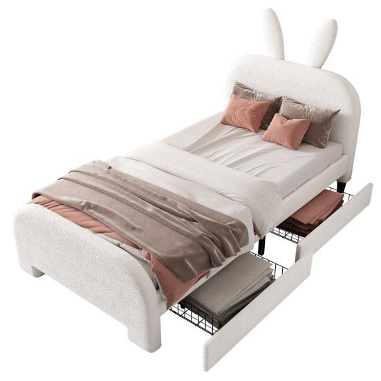 Soft Bed 90x200cm Rabbit Shape Velvet Fabric Children with Headboard 2 Drawers Ergonomic Design Strong Wood Slat Support Home Furniture Kids