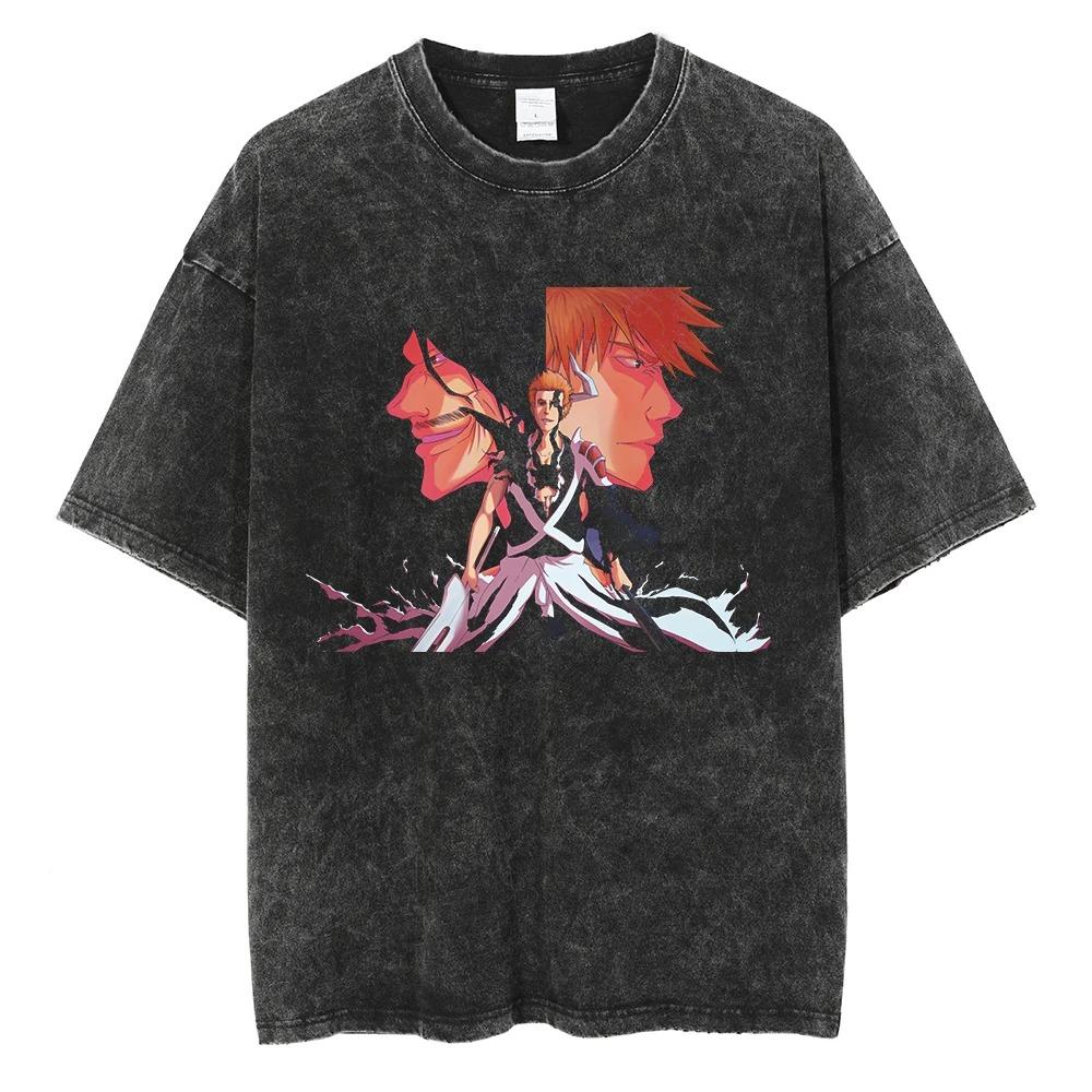 Classic Hotblooded Anime BLEACH Graphic Print TShirts Men Women Vintage Washed Casual Oversized Top Cotton Solf Summer New Tee