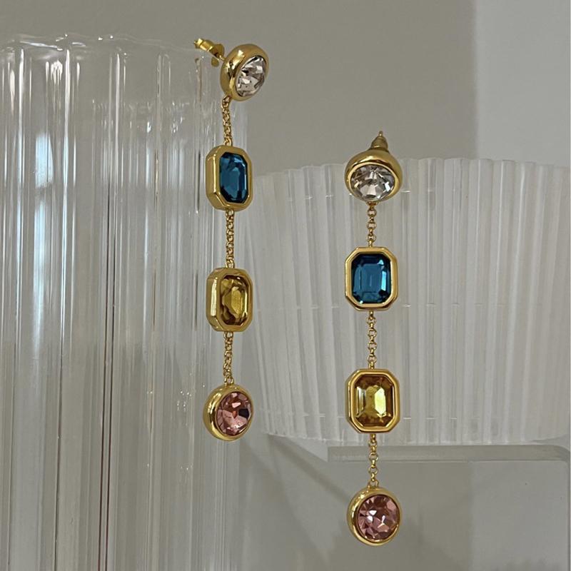 Retro Multi-color Crystal Long Geometric Drop Earrings for Women Fashionable Elegant Jewelry Gifts