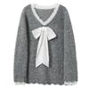 Sancai 2025 Winter Women's V-Neck Bow Knit Sweater