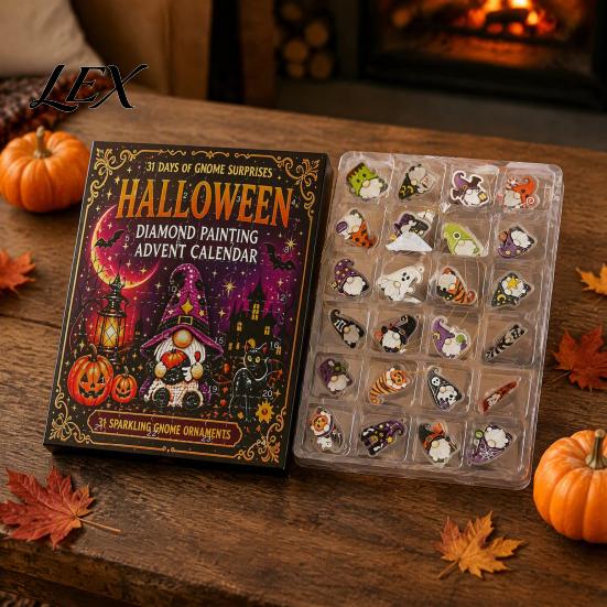 Holiday Countdown Calendar 24-Day Gnome Advent Calendar, Diamond Style Acrylic Ornament Set with Creative Gift Box Halloween Theme, Hanging Decor for