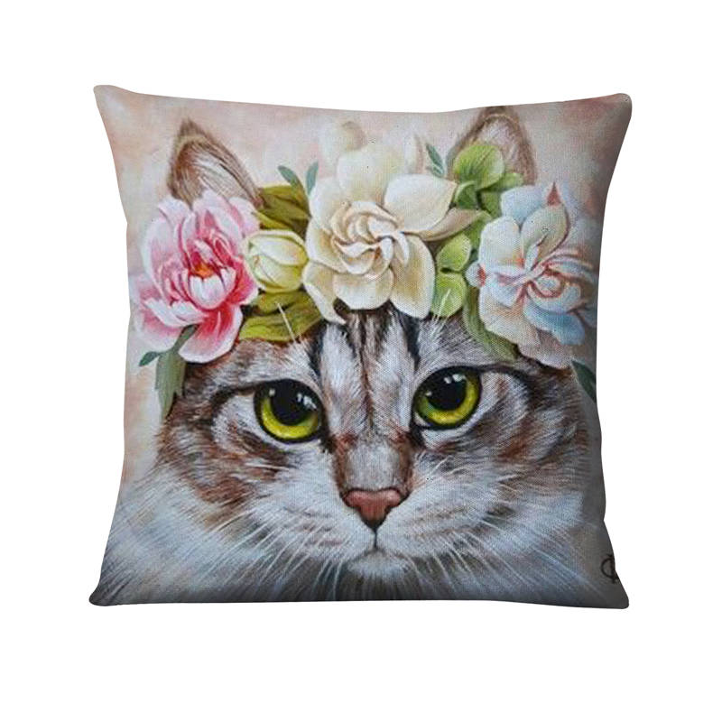 Home Decoration Pillow Cat With Flowers Printed Cushion Decorative Pillows Cartoon Animal Home Decor Sofa Throw Pillows 45*45Cm