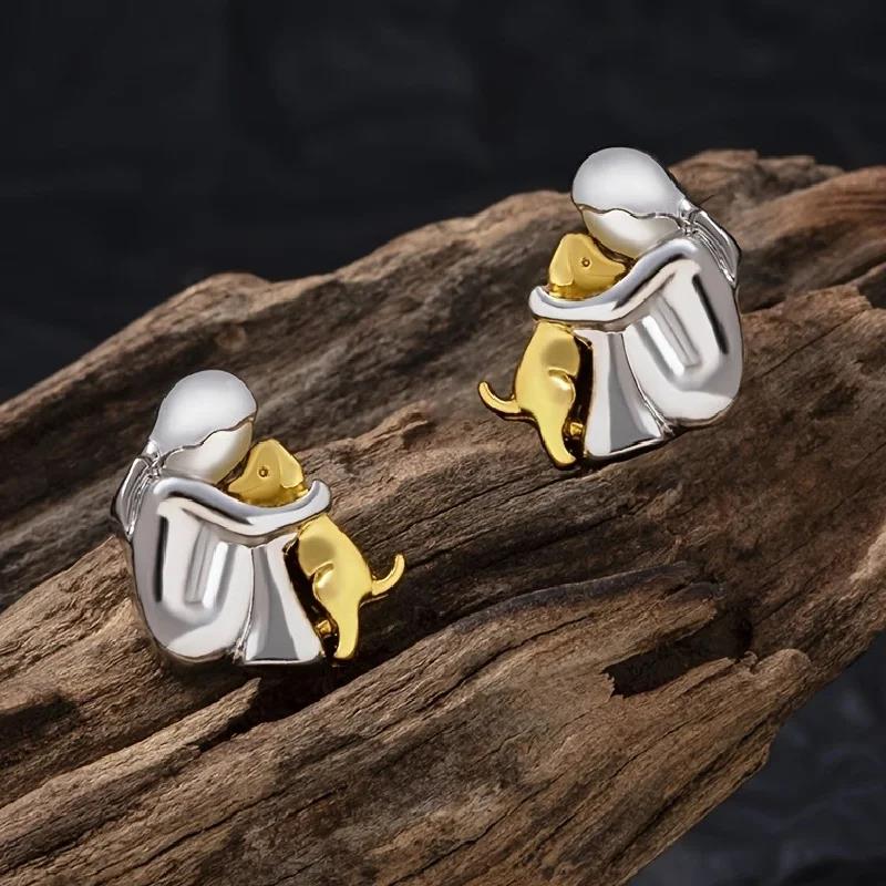 FashionTwo Tone Little Girl and Dog Earring Necklace Jewelry Set Cute Little Girl Puppy Pendants Necklaces Animal Pet JewelryGood product