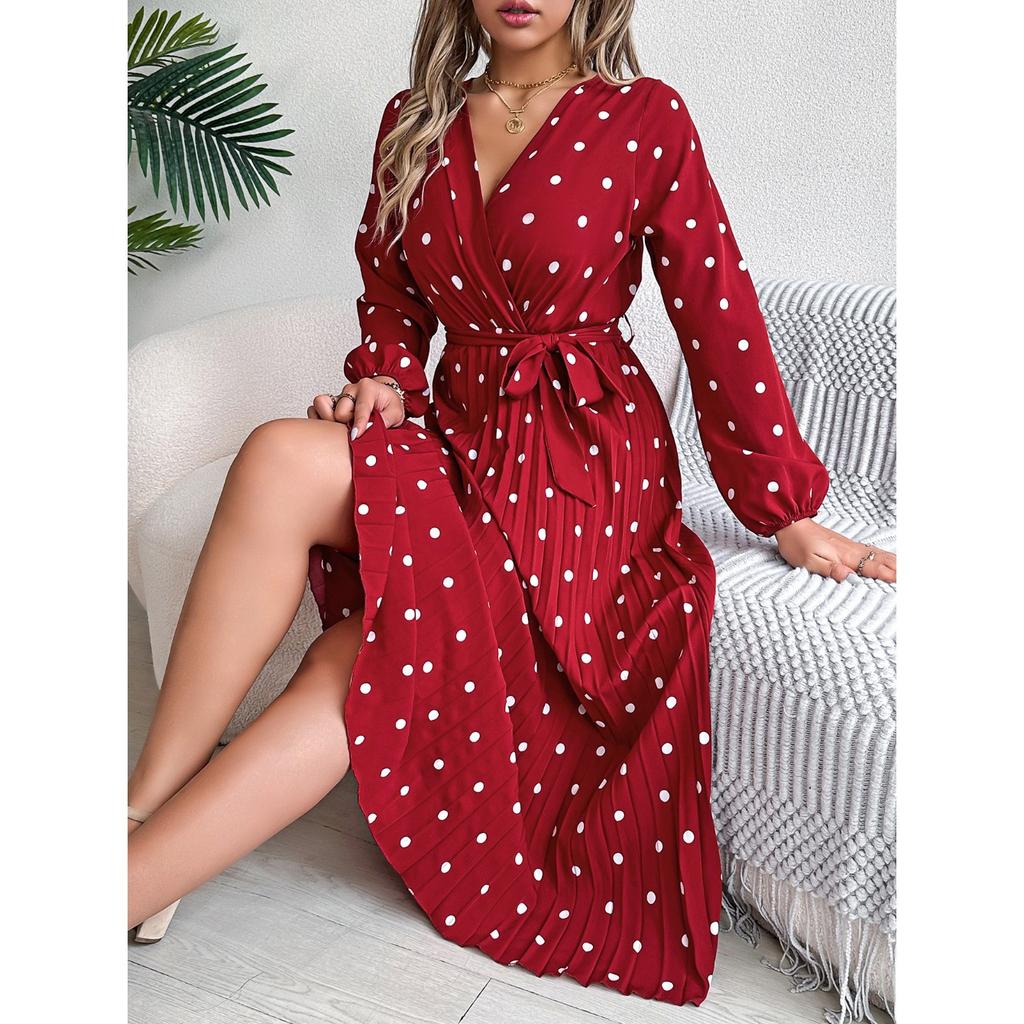 GMXIA Autumn and Winter Elegant Contrasting Polka Dot Cross V-neck Pleated Long Dress Women's Wear