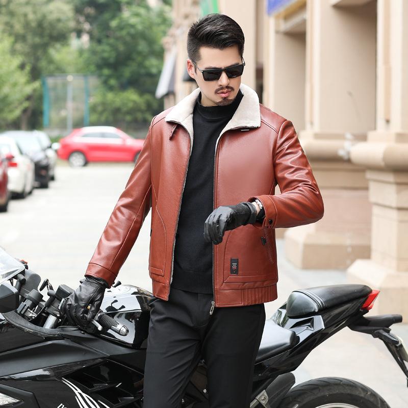 A New Winter Men's Casual Long-sleeved Leather Coat, Fashionable Lapel Trend Coat, Thickened and Warm
