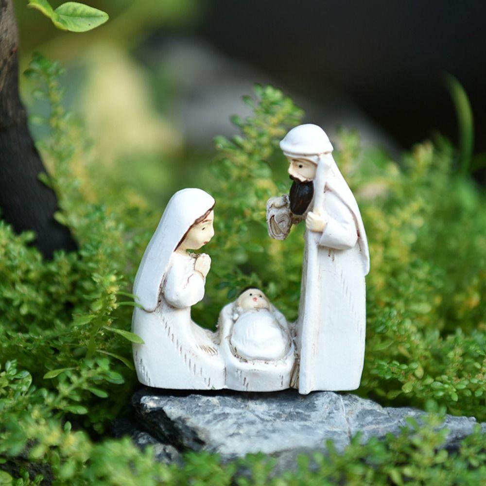 Cute Jesus Birth Sculpture Cartoon Religious Resin Statue Christmas Manger Ornaments Home Decor