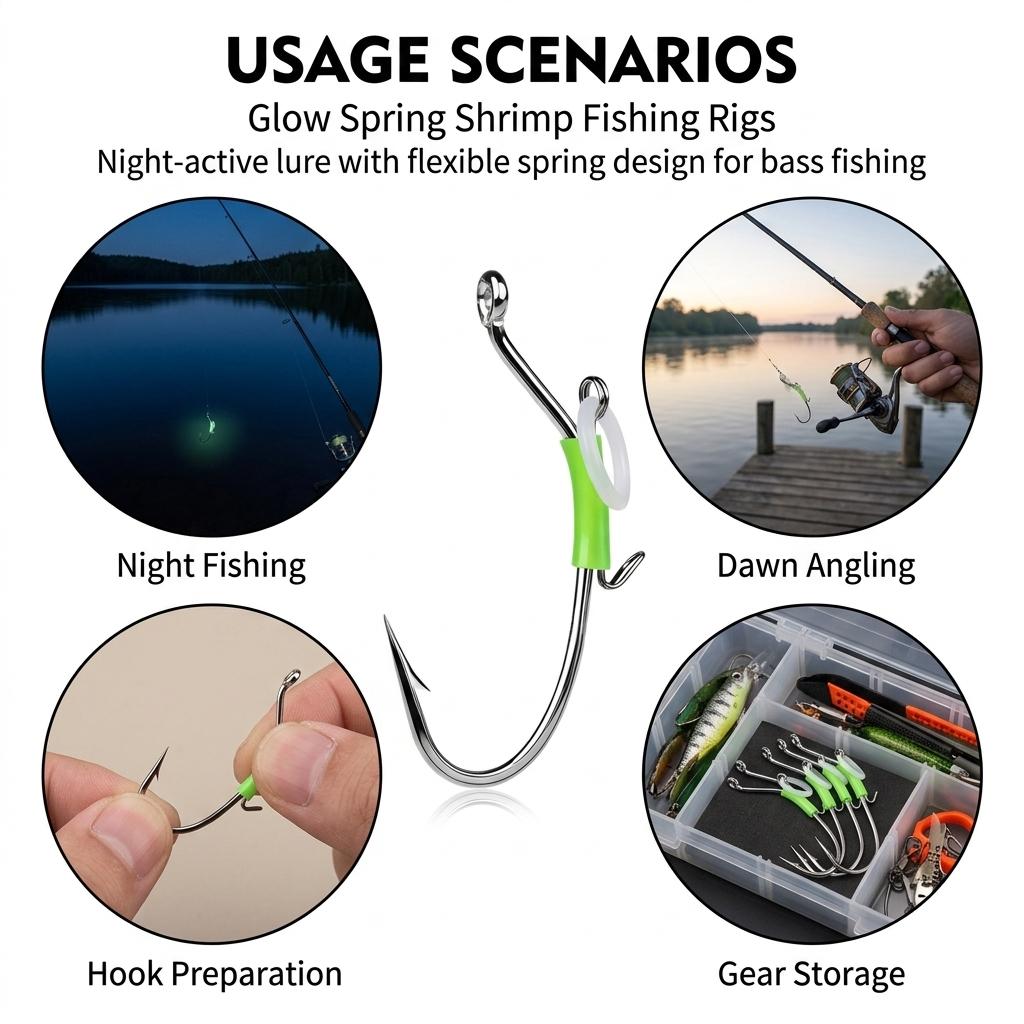 10Pcs Night Glow Shrimp Lure Rigs for Sea Bass Fishing High-Carbon Steel Hooks with Glow Coating