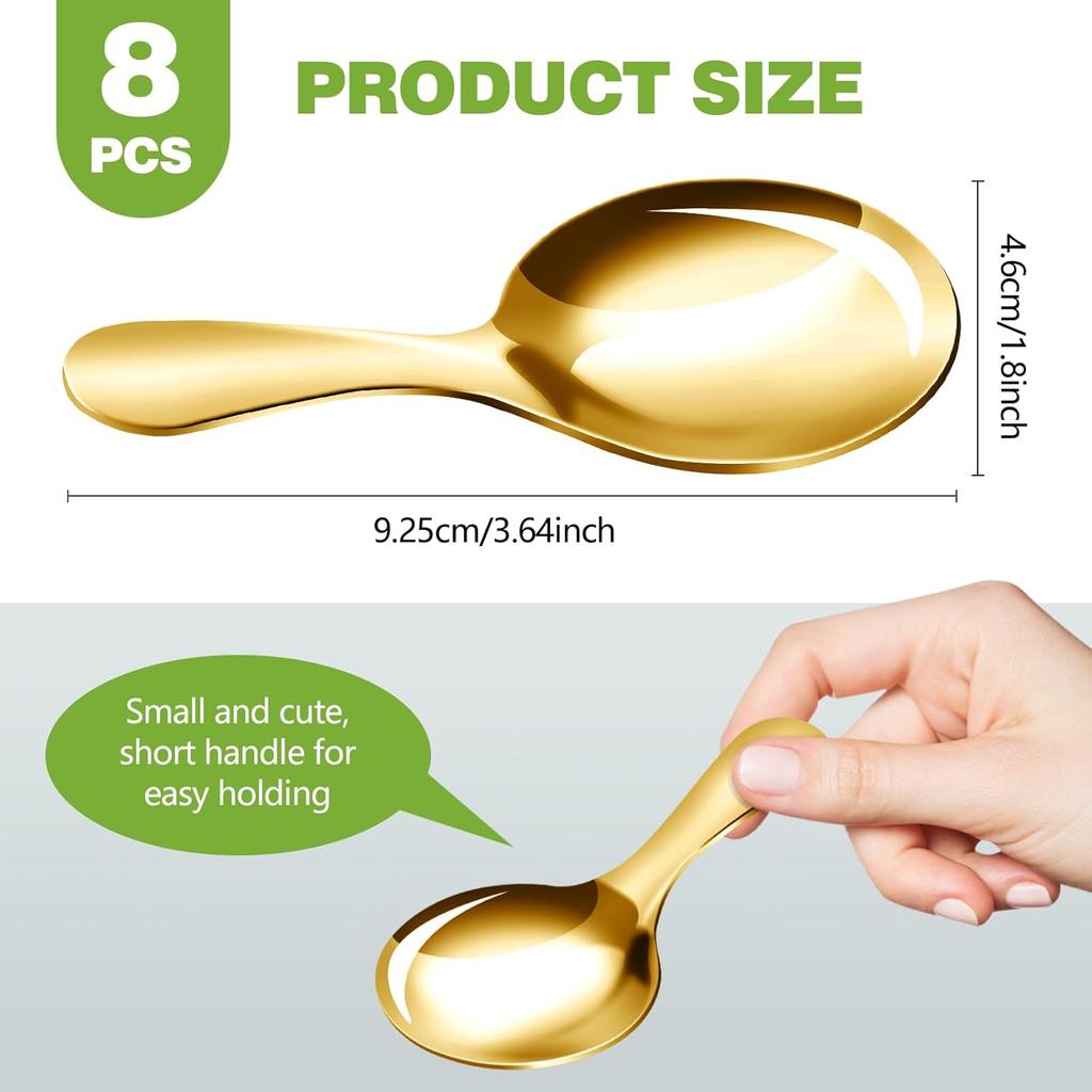 8 Pcs Short Handle Spoons, Mini Golden Spoons, Stainless Small Scoops for Canisters, Coffee Scoops for Coffee, Tea, Ice Cream, and Party Serving,