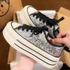 Fashion 2024 New Fashion Platform Canvas Shoes for Women Silver Sparkling Spring/Summer Versatile Lacing Original Head Casual Shoes