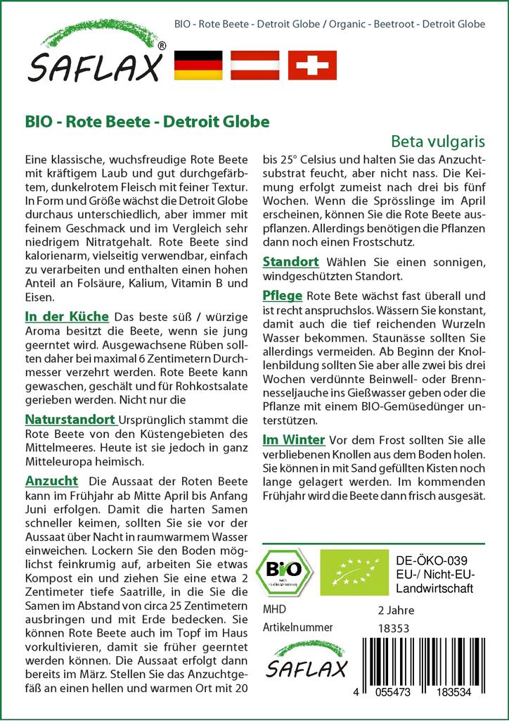 SAFLAX Garden in the Bag - Органический - Свекла - Detroit Globe - 100 семян - С субстратом в подходящем стоячем пакете - Beta vulgaris
