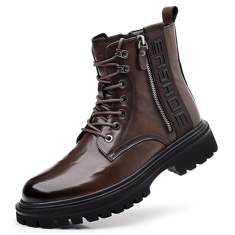 Winter Men's Brand Side Zipper Business Casual High Top with Plush Cotton Boots Fashionable Men's Lace Up High Top Leather Boots