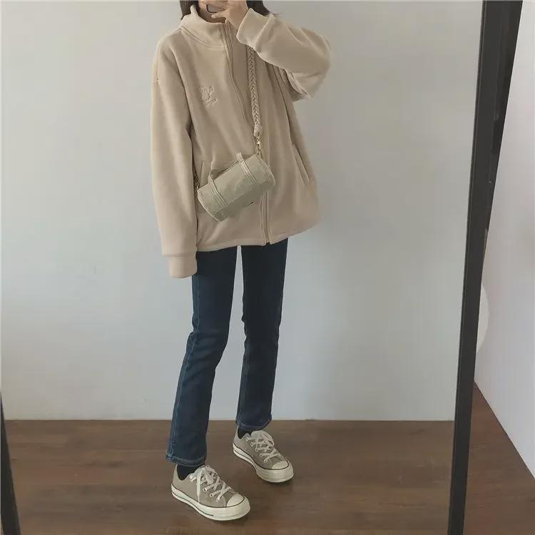 Гигантский теплый бархатный вышитый кардиган с высоким воротником на молнии: Утолщенная женская флисовая куртка Polar