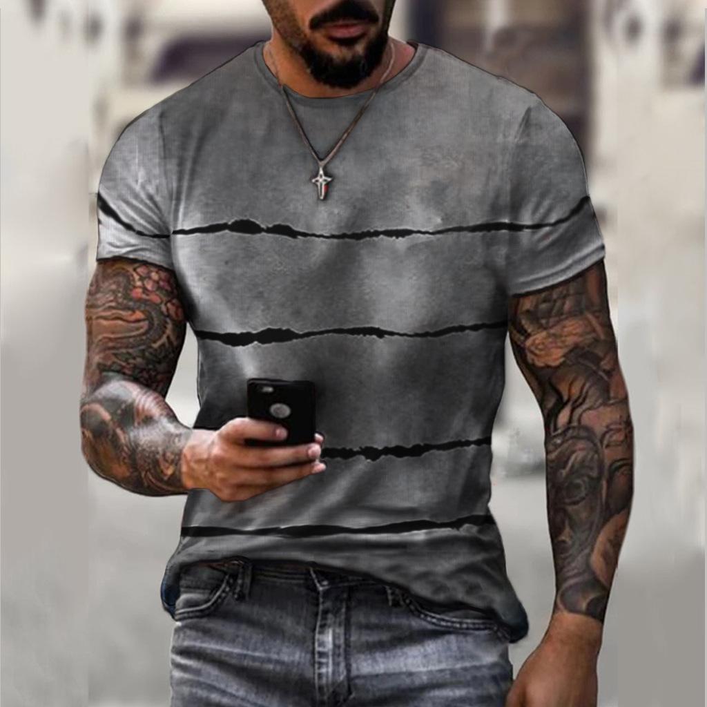 Retro Men's Personalized Color Striped Printed T-shirt Casual Fashion Trend Harajuku Round Neck Top Creative Hip-hop Cool Short Sleeved Streetwear
