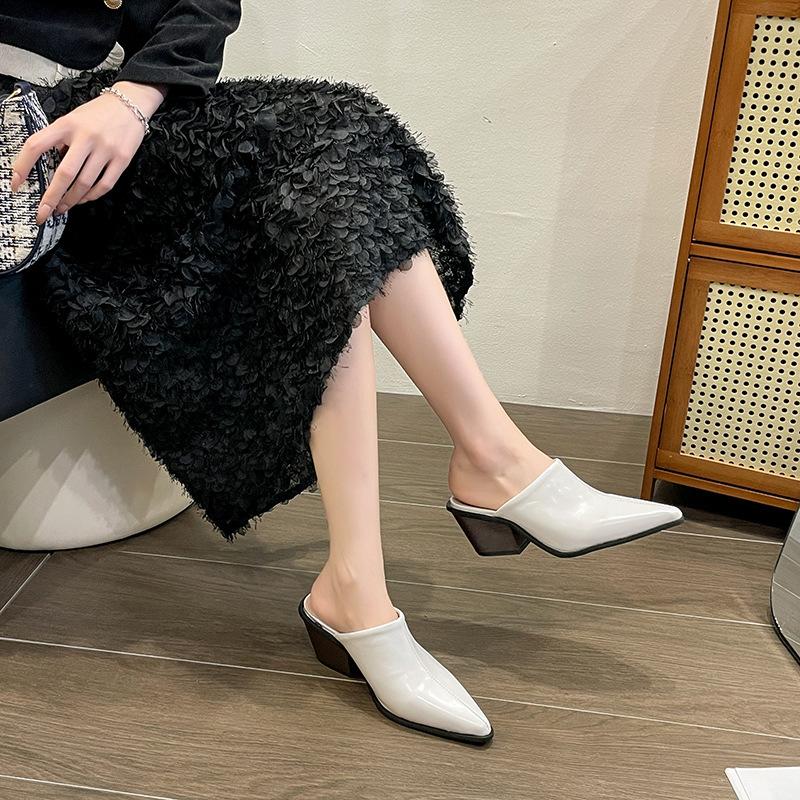 Fashion Comemore Spring Summer New Slippers Sexy Pointed Toe Slip On Baotou Mules Slipper Female Fashion Thick Heel Outdoor Dress Shoes