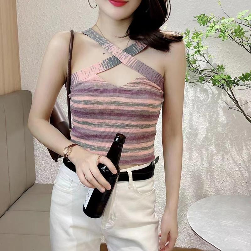 Летний новый дизайн чувственный Spice Girls Cross Halter радужная жилетка с высокой талией блузка