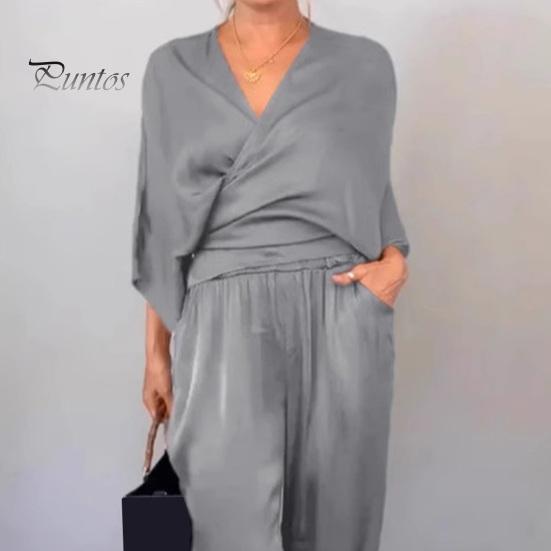 Женский комплект из 2 предметов: топ, брюки, V-образный вырез, длинные рукава, блузка с перекрещивающимися бретелями, высокая талия, плиссированные широкие брюки, формальный наряд для поездок на работу на весну и лето