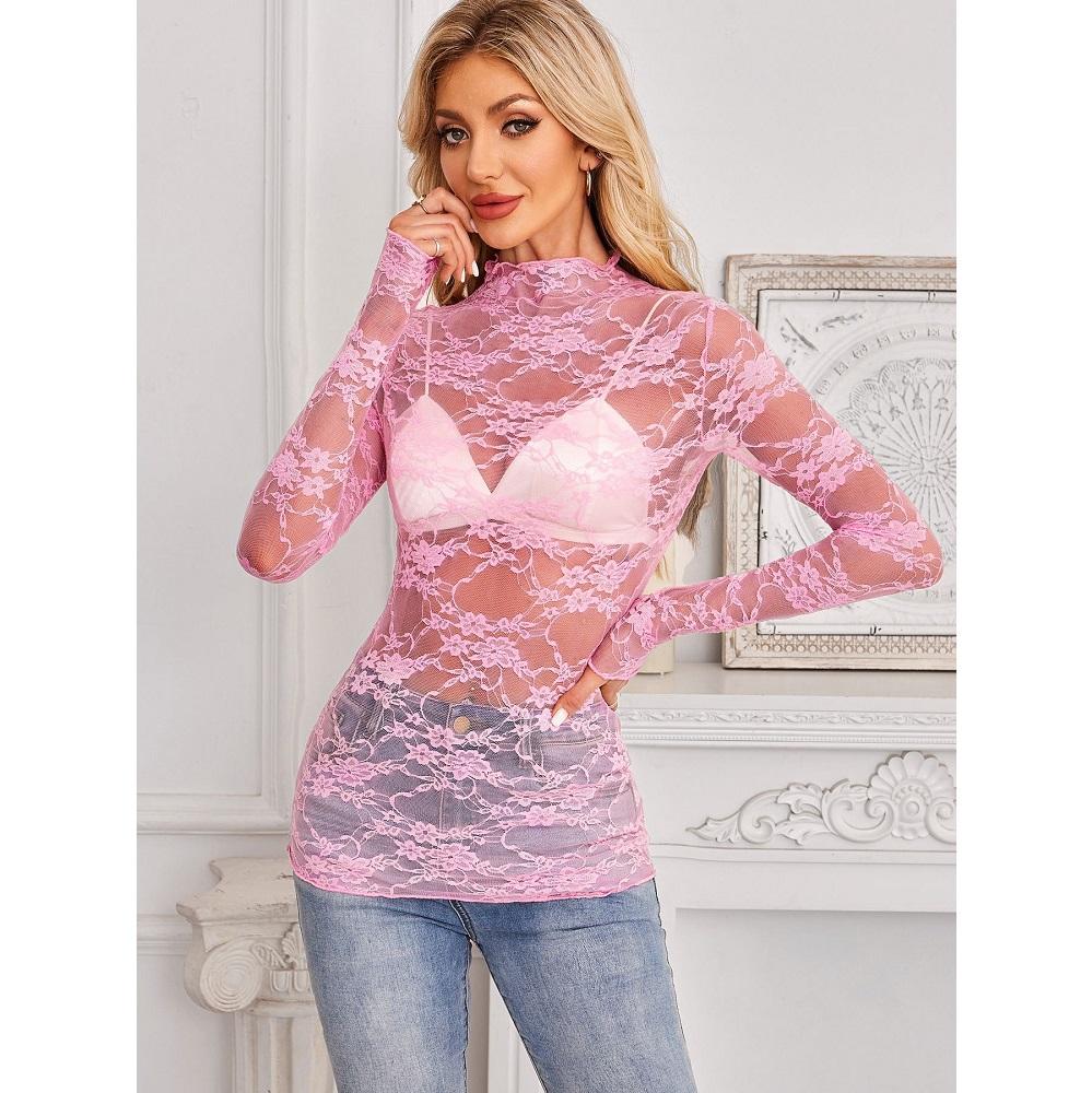 Женские сетчатые прозрачные кружевные топы с круглым вырезом и длинными рукавами, женские облегающие топы с цветочной вышивкой, женские нарядные футболки