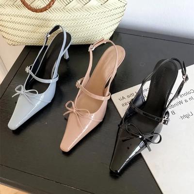 2025Синяя лакированная кожа Женские сексуальные туфли-лодочки с острым носком, украшенные бантом, на каблуке, летние элегантные слинги, туфли